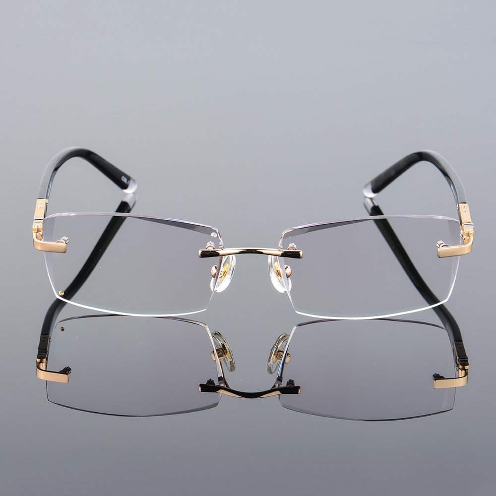 Optical Alloy Diamond Trimming Cutting Rimless Glasses Frame With Gradient Grey Tint Plano Prescription Lenses