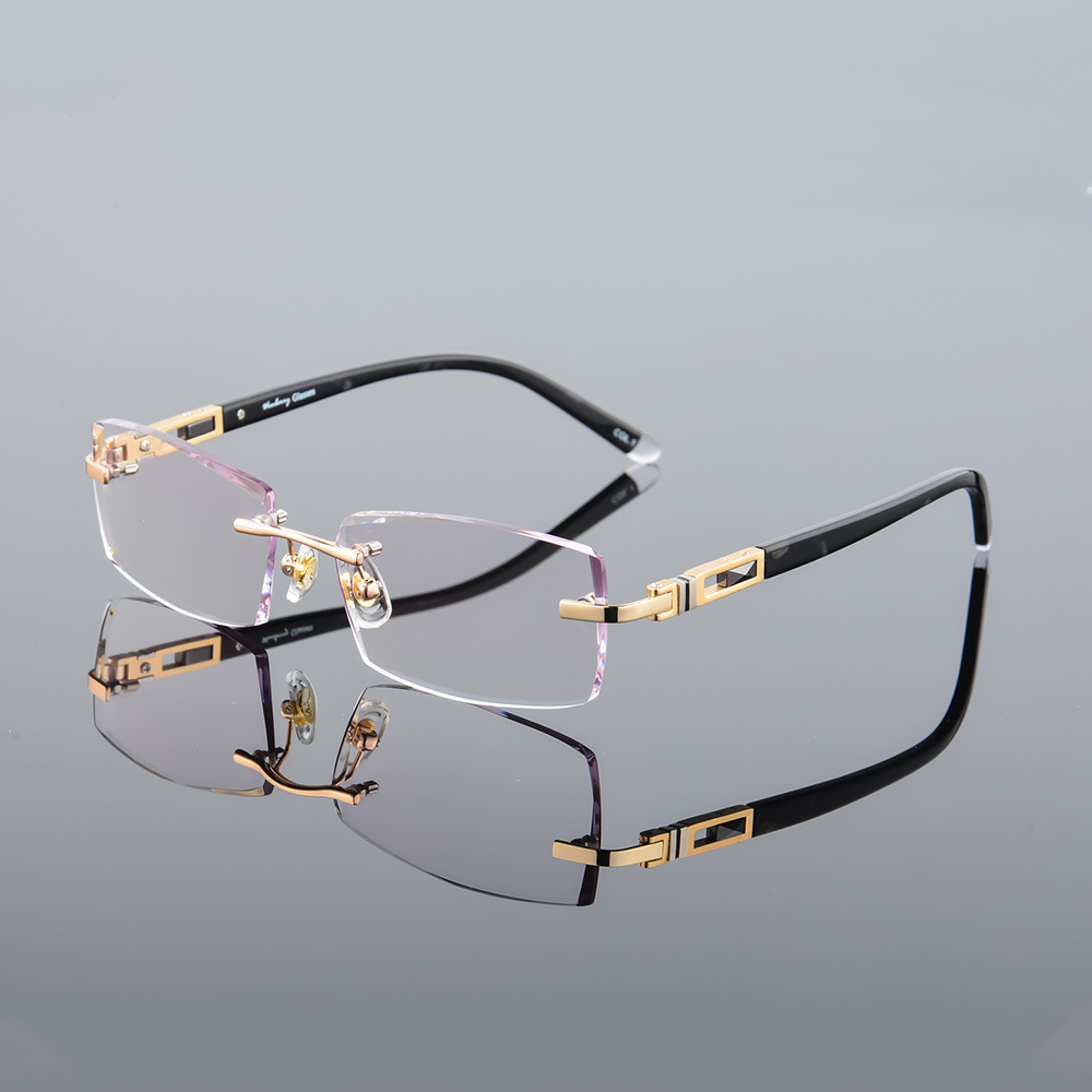 Optical Alloy Diamond Trimming Cutting Rimless Glasses Frame With Gradient Grey Tint Plano Prescription Lenses