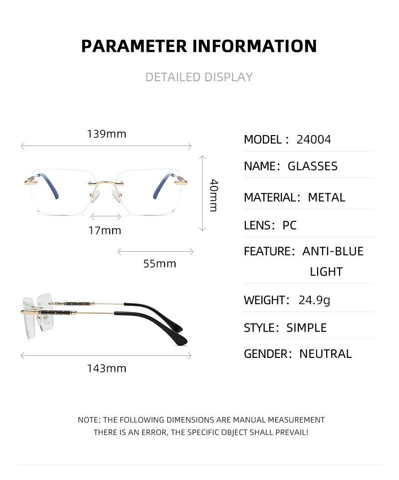 24004 Luxury Designer Gafas Custom Logo Brand Male Wholesale Optical Eye Glasses Rimless Spectacle Frame for Men