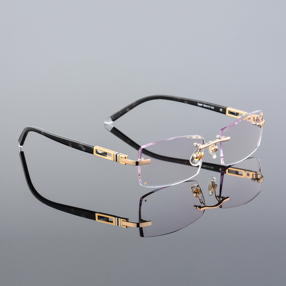 Optical Alloy Diamond Trimming Cutting Rimless Glasses Frame With Gradient Grey Tint Plano Prescription Lenses