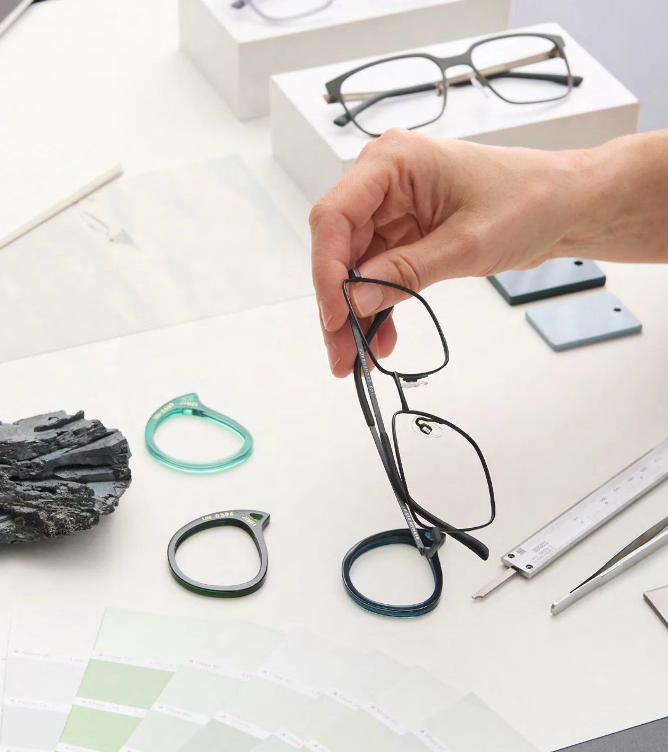 Optical frame detail and material samples